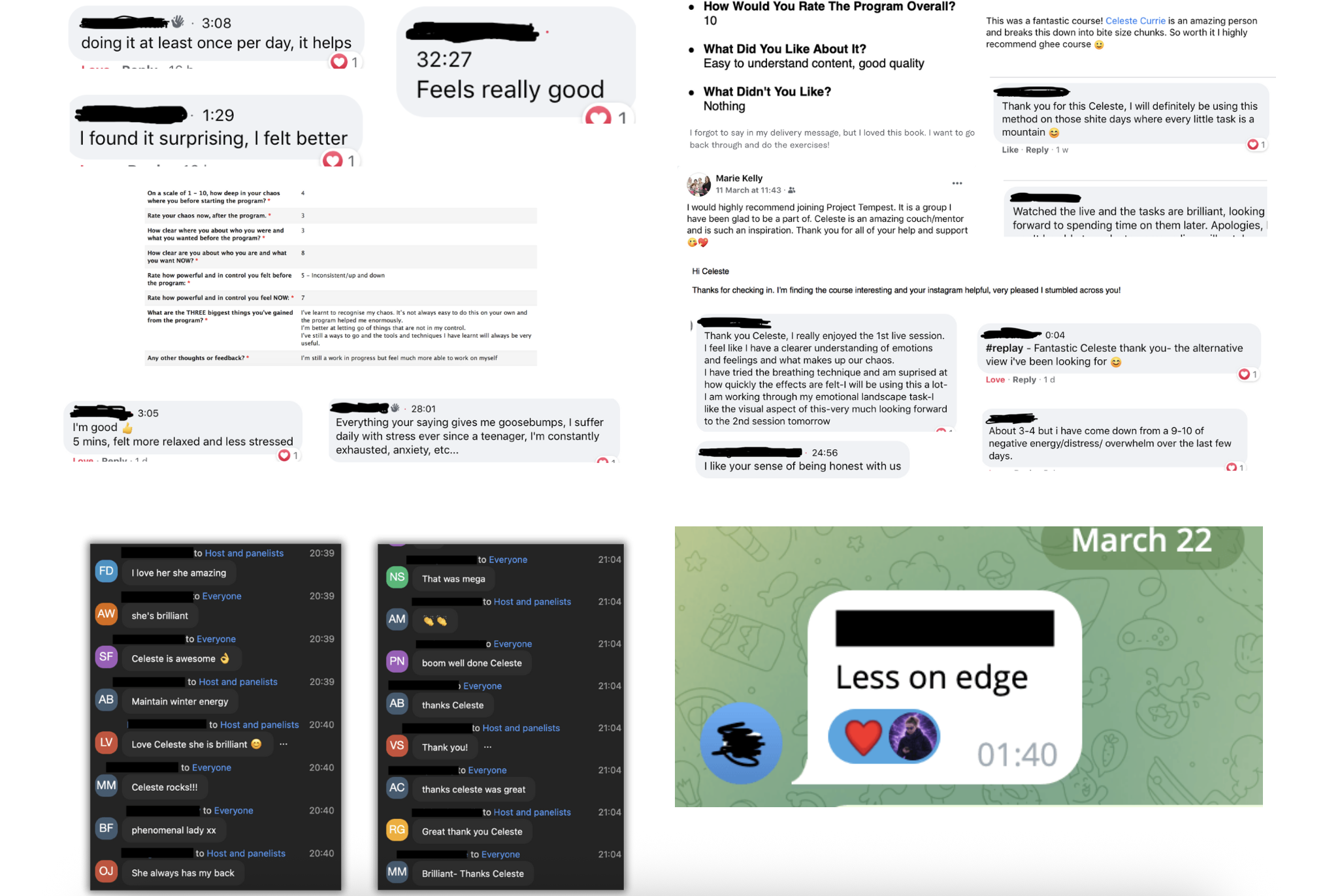 A collage of reader feedback: survey answers showing chaos scores dropping and clarity rising after the work, live-session chat reactions, and a message reading less on edge.