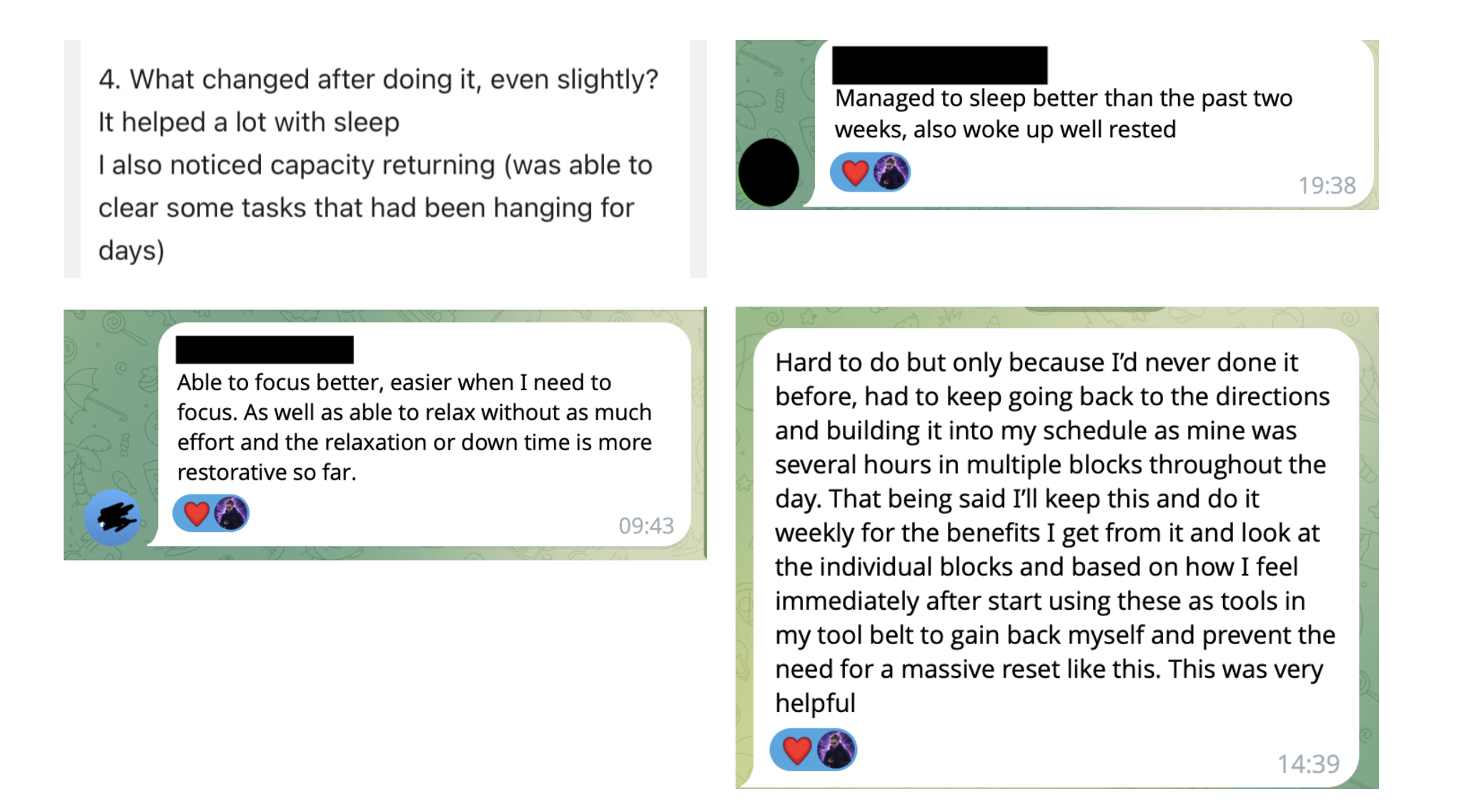 Messages from readers. One: it helped a lot with sleep, and I noticed capacity returning - was able to clear some tasks that had been hanging for days. Another: managed to sleep better than the past two weeks, also woke up well rested. Another: able to focus better, easier when I need to focus, and the down time is more restorative so far.